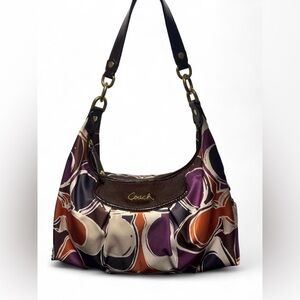 Y2K Coach Ashley Scarf Print Satin Hobo Bag Brown Leather Trim Shoulder Purse